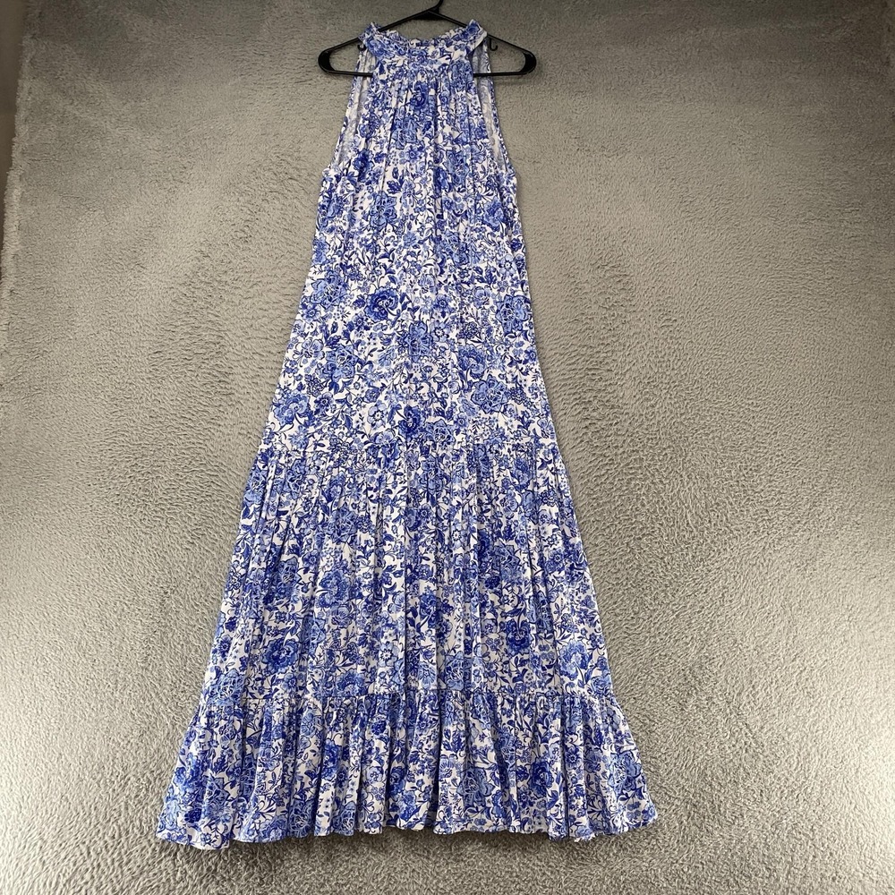 1. STATE Maxi Dress Womens Large Blue Floral Halter Tie Back Tiered Summer Event